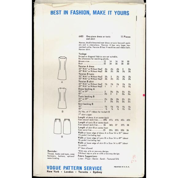 Uncut 60s Sz 12 Double Breasted Tunic Skirt Vogue 6485 Sewing Pattern Coatdress - Picture 2 of 2